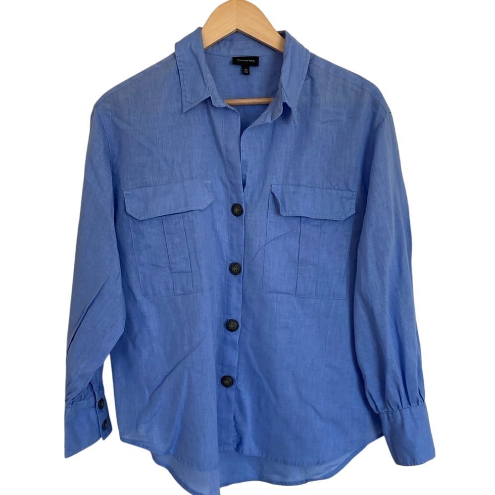 Who What Wear Womens Linen Blend‎ Button Front Shirt Size M Long Sleeve Blue